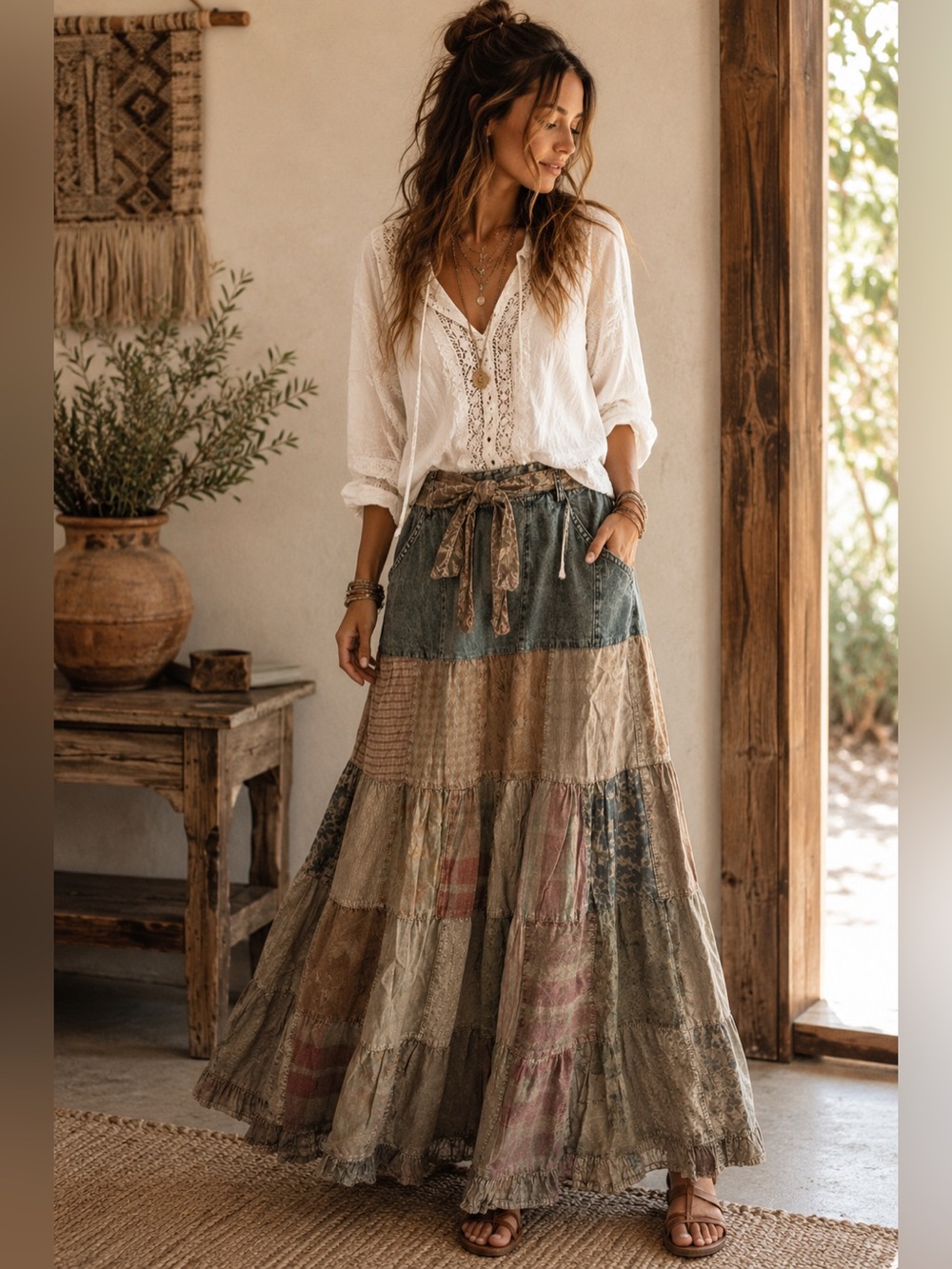 Young Threads Boho Patchwork Maxi Skirt NWT Size Large